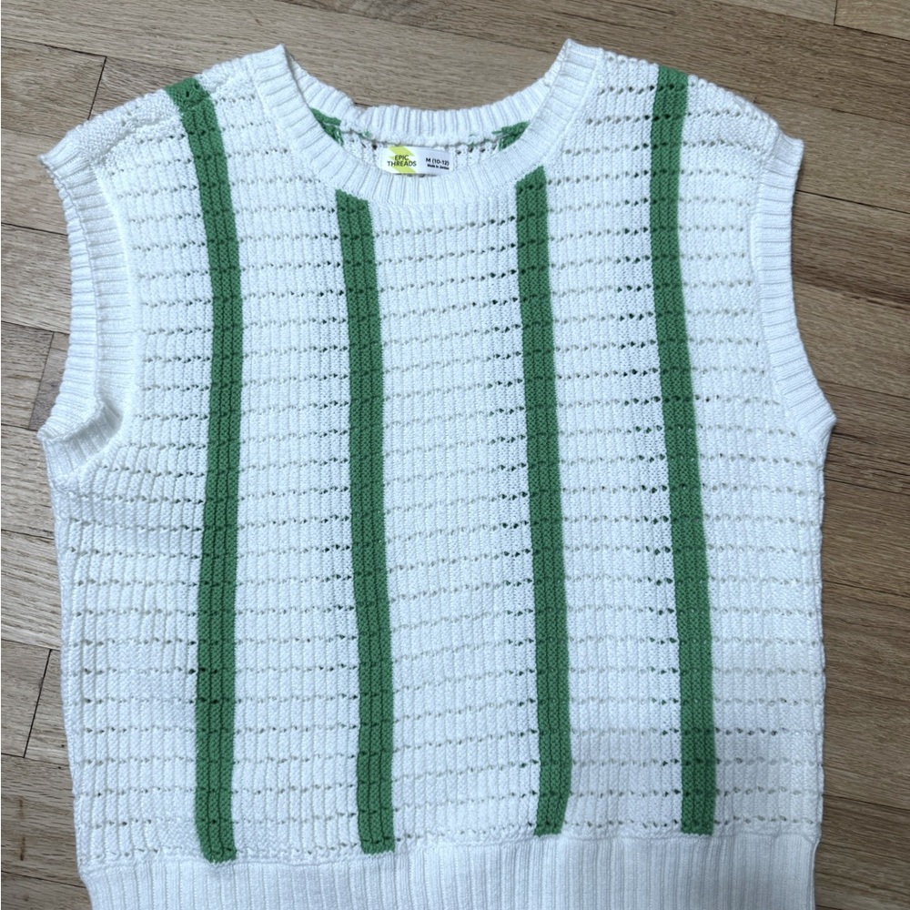 White Sleeveless Knit Top with Green Stripes